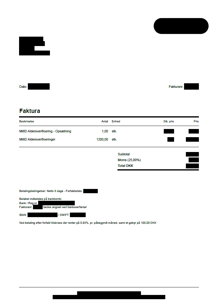 Faktura for opsætning