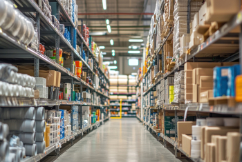 Gang i byggemarked med hylder på begge sider fyldt med byggevarer