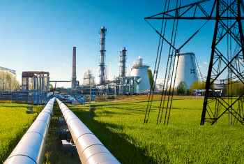 Gasrør i landskab med industrianlæg og højspændingsmaster i baggrunden